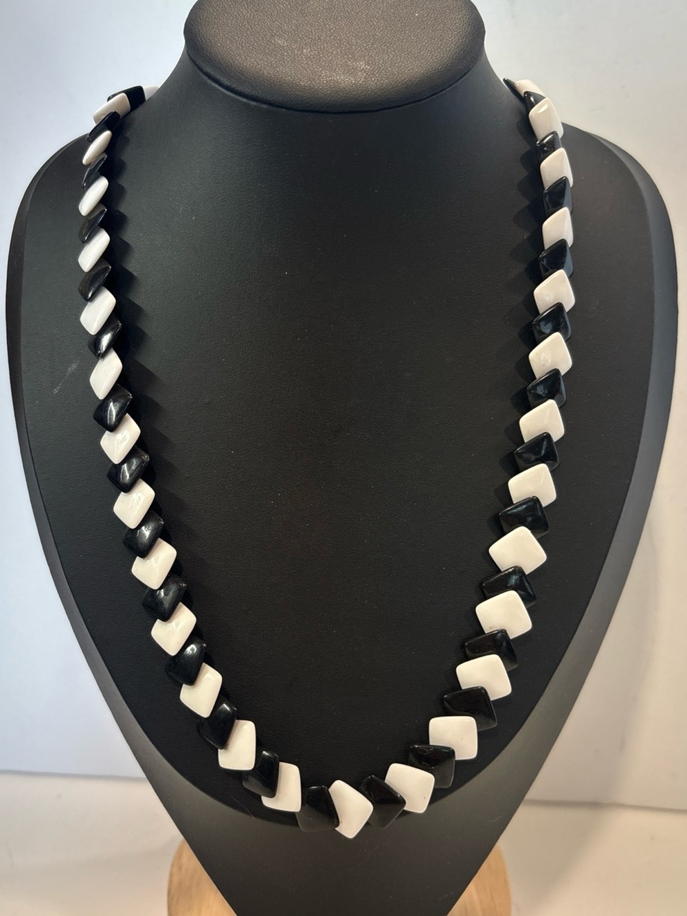 Vintage 24" Black & White Geometric Bead Necklace - Art Deco Style Diamond Link